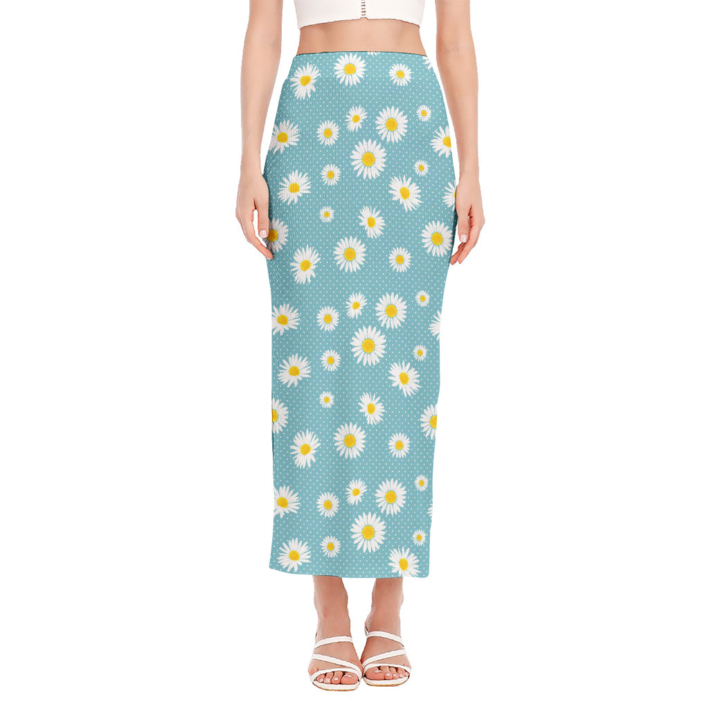 Polka Dot Daisy Flower Pattern Print Side Slit Maxi Skirt