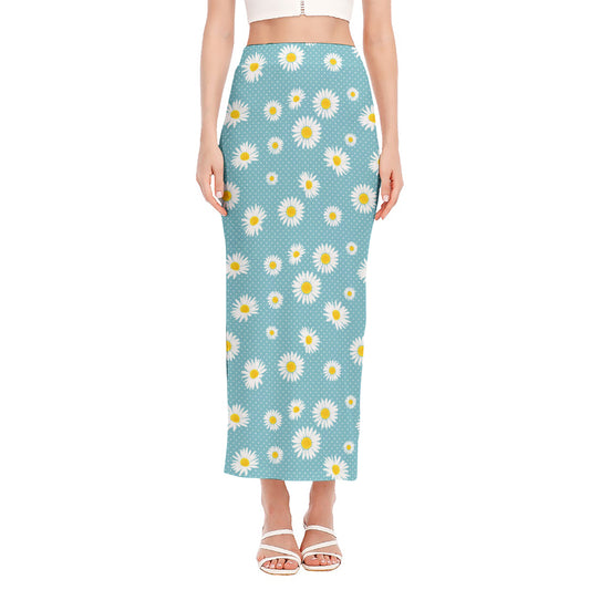 Polka Dot Daisy Flower Pattern Print Side Slit Maxi Skirt