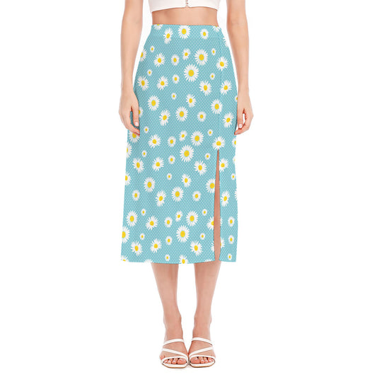 Polka Dot Daisy Flower Pattern Print Side Slit Midi Skirt