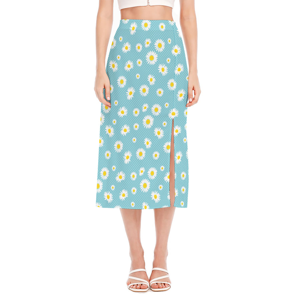 Polka Dot Daisy Flower Pattern Print Side Slit Midi Skirt