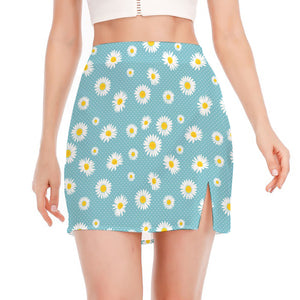 Polka Dot Daisy Flower Pattern Print Side Slit Mini Skirt