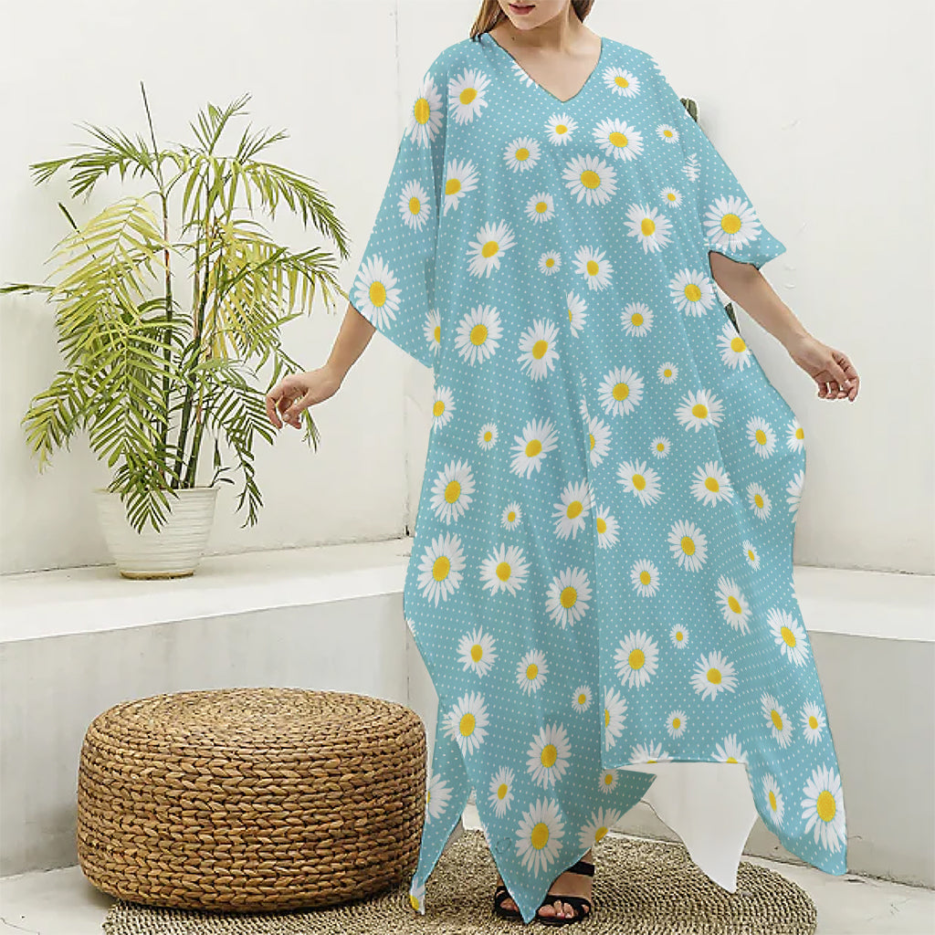 Polka Dot Daisy Flower Pattern Print Silk V-Neck Kaftan Dress