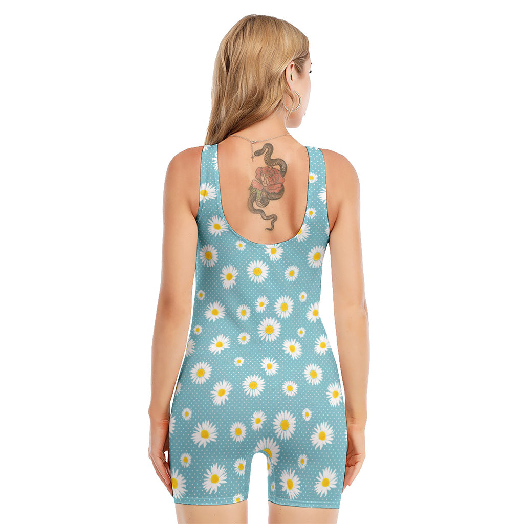 Polka Dot Daisy Flower Pattern Print Sleeveless One Piece Swimsuit