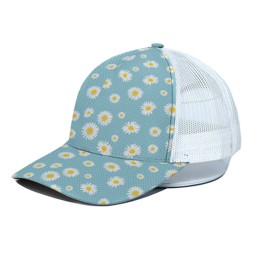 Polka Dot Daisy Flower Pattern Print White Mesh Trucker Cap