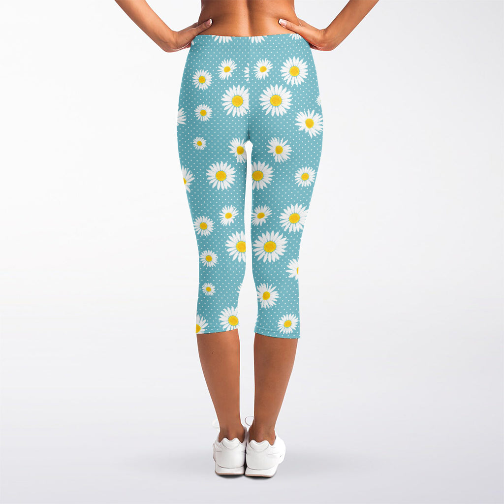 Polka Dot Daisy Flower Pattern Print Women's Capri Leggings
