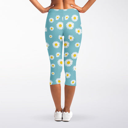 Polka Dot Daisy Flower Pattern Print Women's Capri Leggings