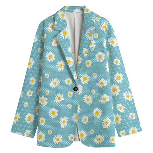 Polka Dot Daisy Flower Pattern Print Women's Cotton Blazer