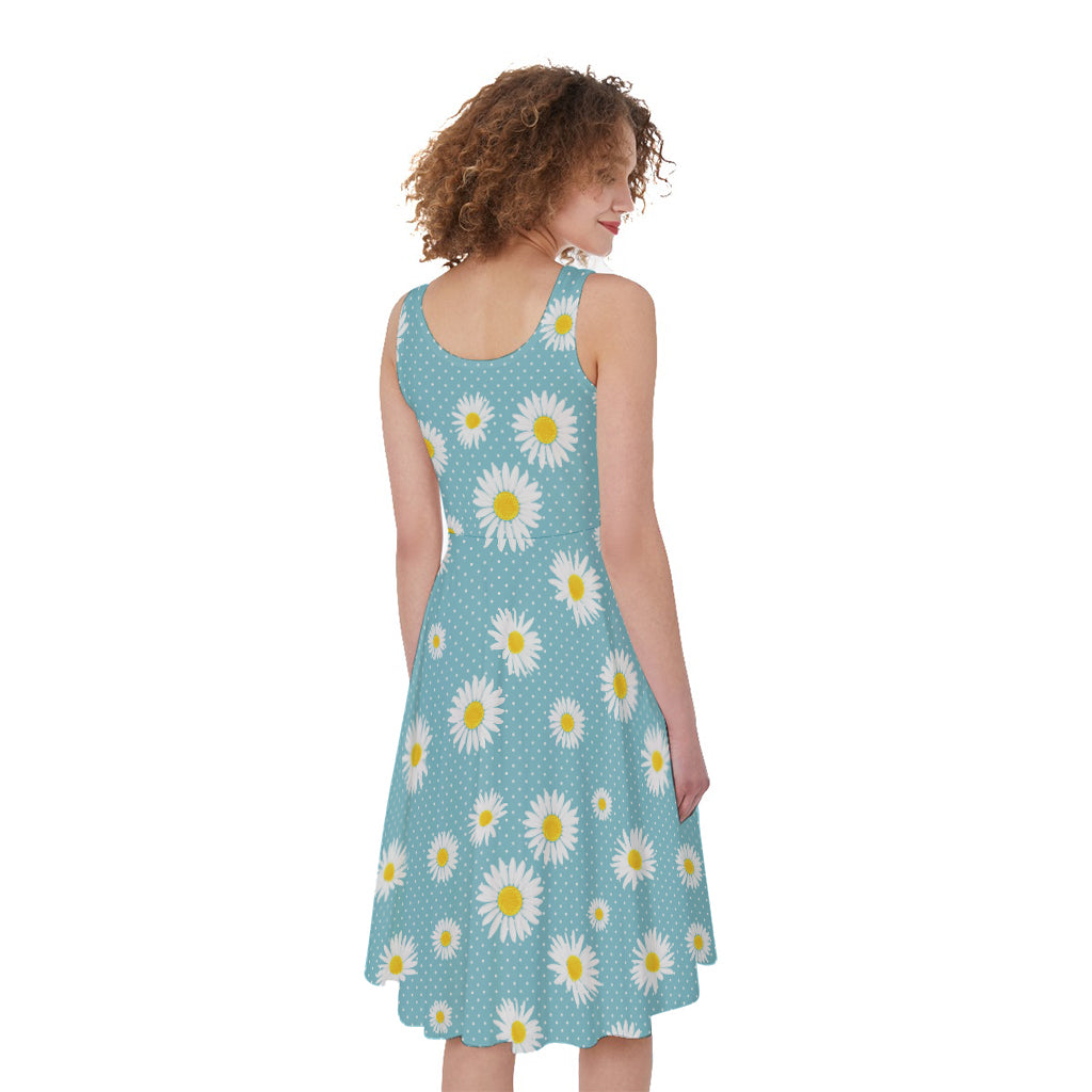 Polka Dot Daisy Flower Pattern Print Women's Sleeveless Dress