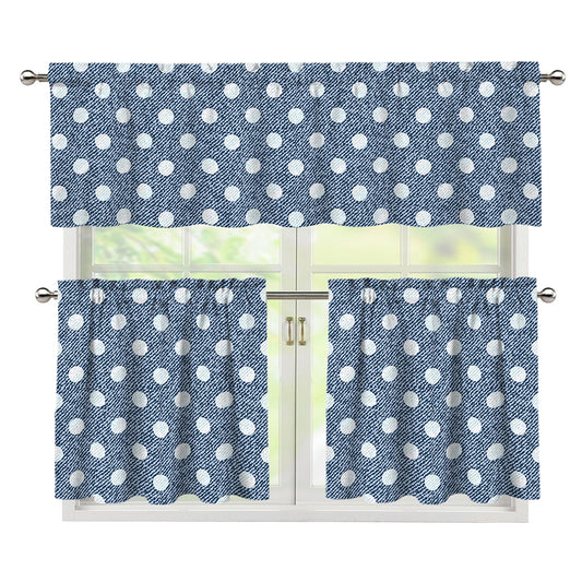 Polka Dot Denim Jeans Pattern Print 3 Piece Kitchen Curtains