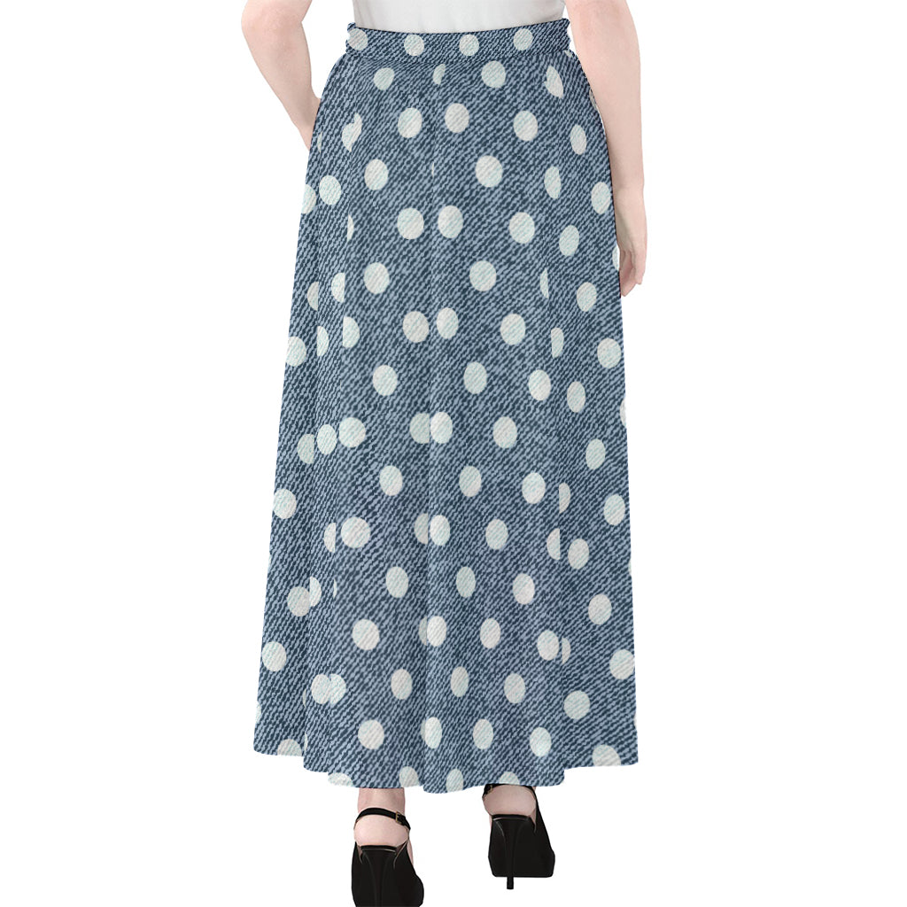 Polka Dot Denim Jeans Pattern Print Chiffon Maxi Skirt