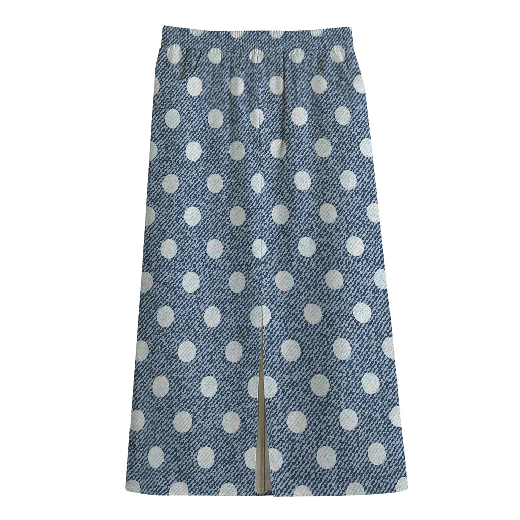 Polka Dot Denim Jeans Pattern Print Cotton Front Slit Maxi Skirt
