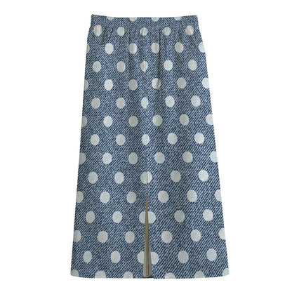 Polka Dot Denim Jeans Pattern Print Cotton Front Slit Maxi Skirt