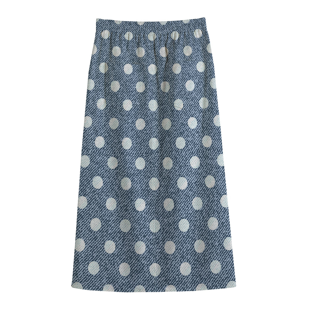 Polka Dot Denim Jeans Pattern Print Cotton Front Slit Maxi Skirt