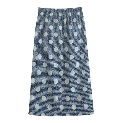 Polka Dot Denim Jeans Pattern Print Cotton Front Slit Maxi Skirt