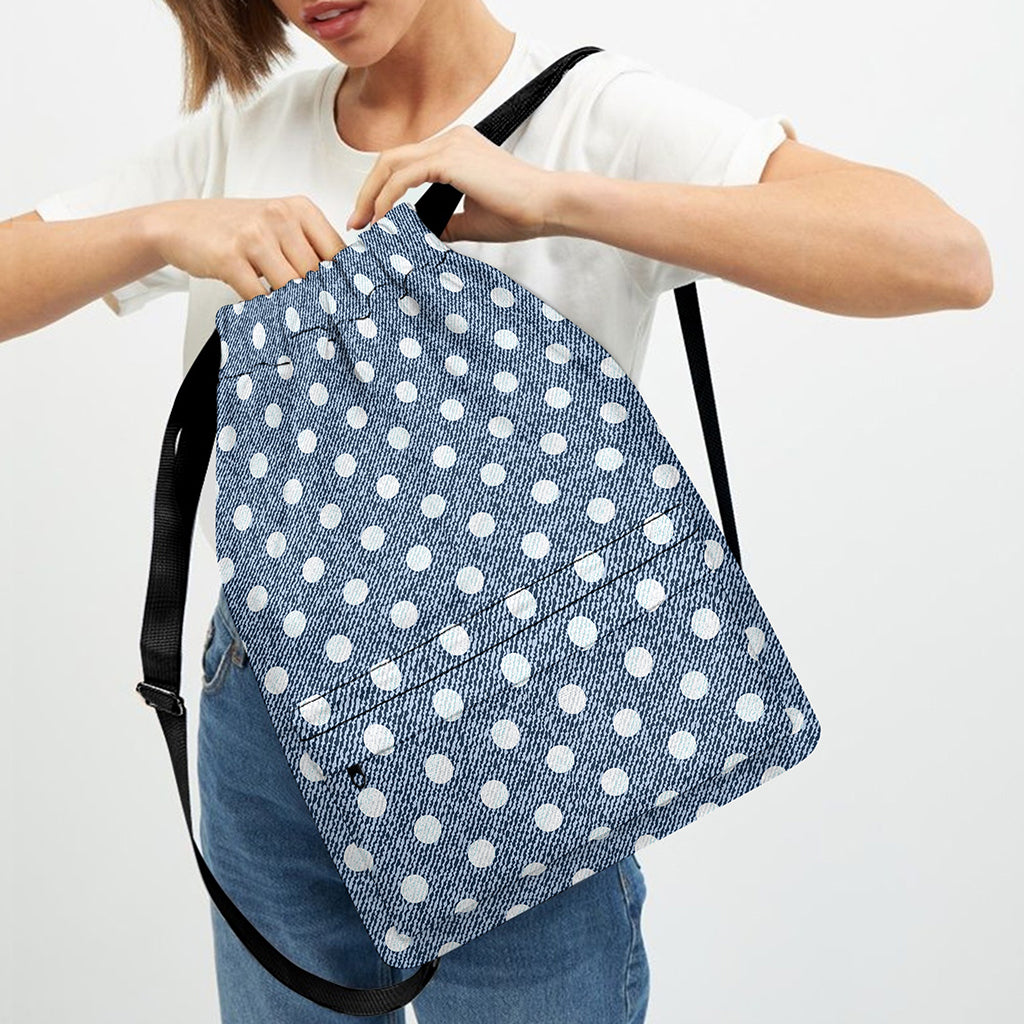 Polka Dot Denim Jeans Pattern Print Drawstring Backpack