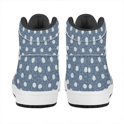 Polka Dot Denim Jeans Pattern Print High Top Leather Sneakers