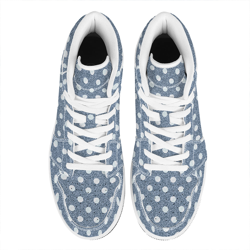 Polka Dot Denim Jeans Pattern Print High Top Leather Sneakers
