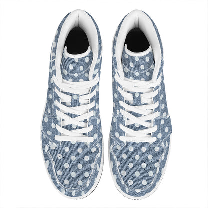 Polka Dot Denim Jeans Pattern Print High Top Leather Sneakers