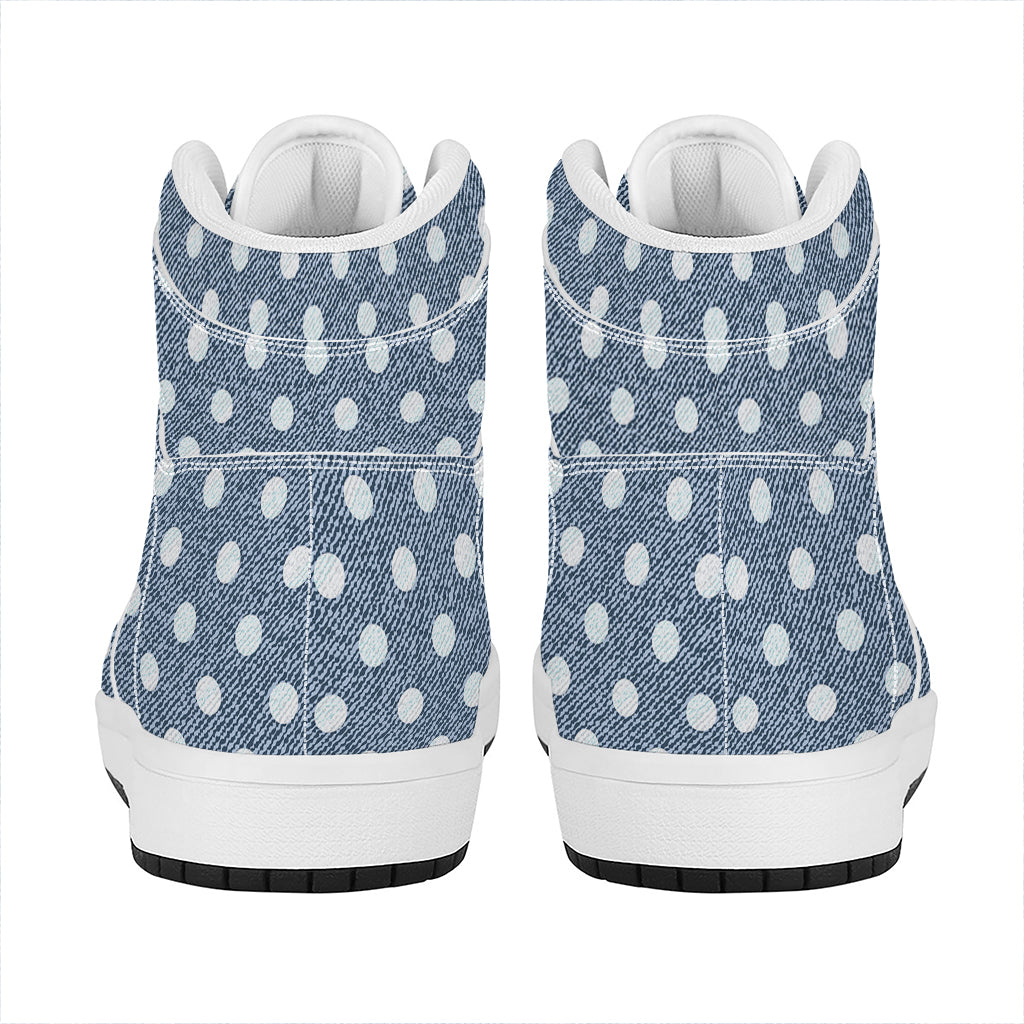 Polka Dot Denim Jeans Pattern Print High Top Leather Sneakers