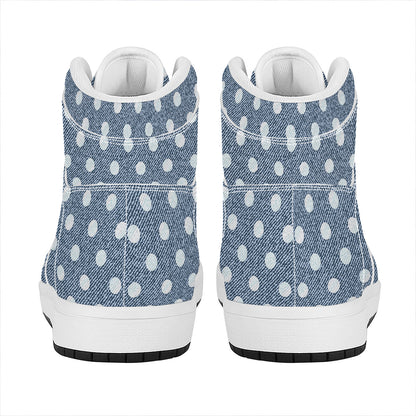 Polka Dot Denim Jeans Pattern Print High Top Leather Sneakers