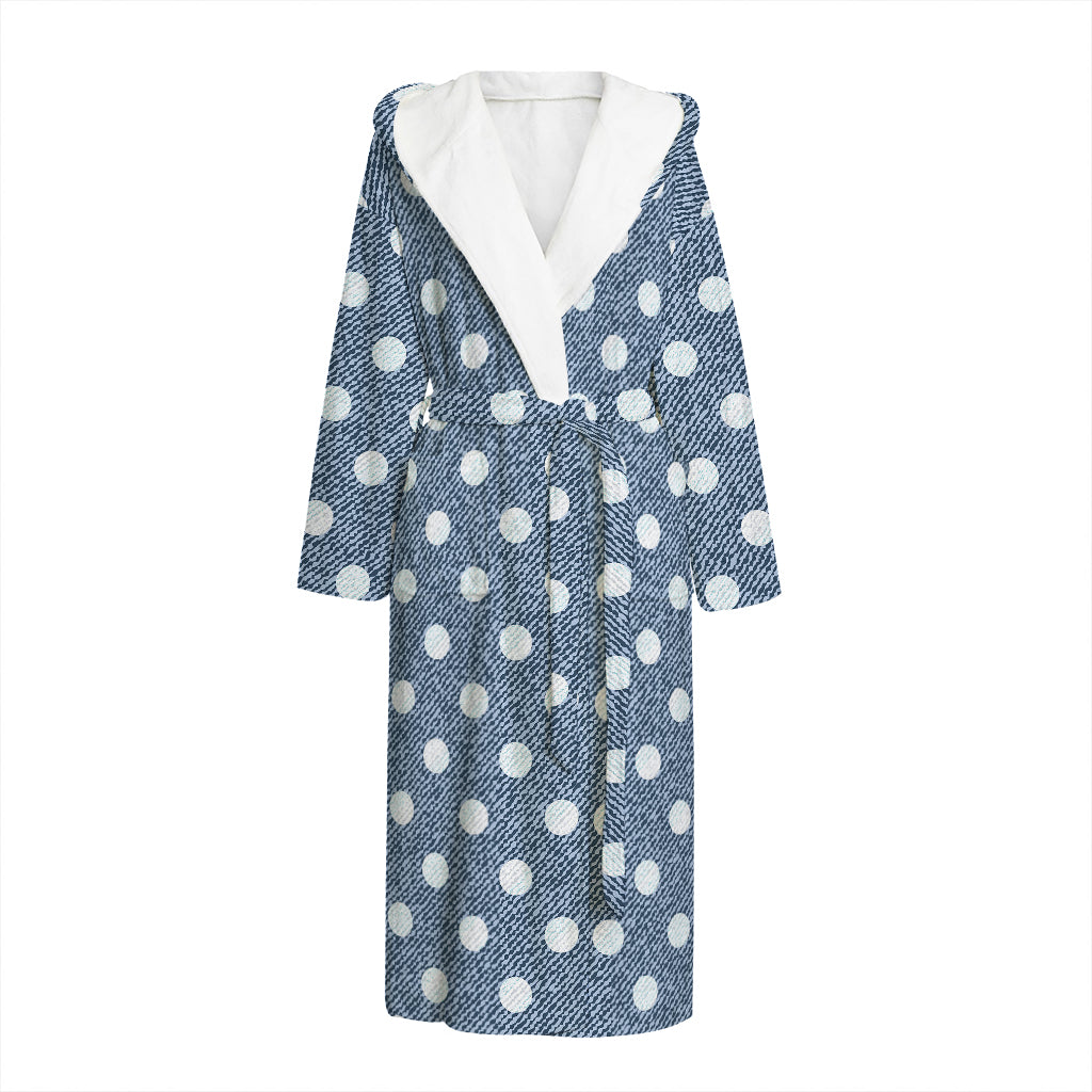Polka Dot Denim Jeans Pattern Print Hooded Bathrobe
