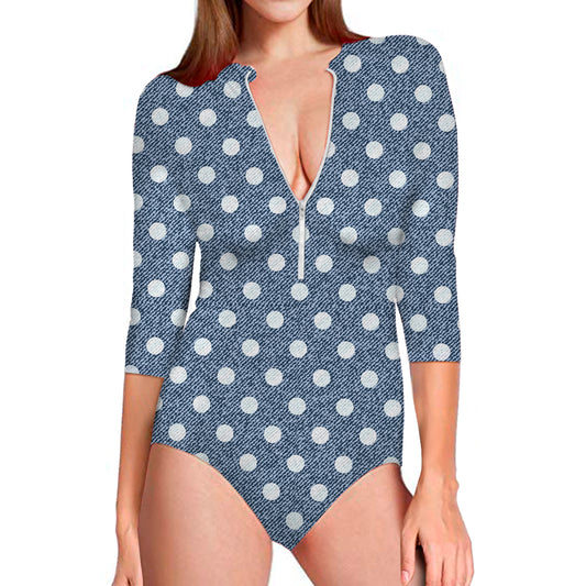 Polka Dot Denim Jeans Pattern Print Long Sleeve Swimsuit