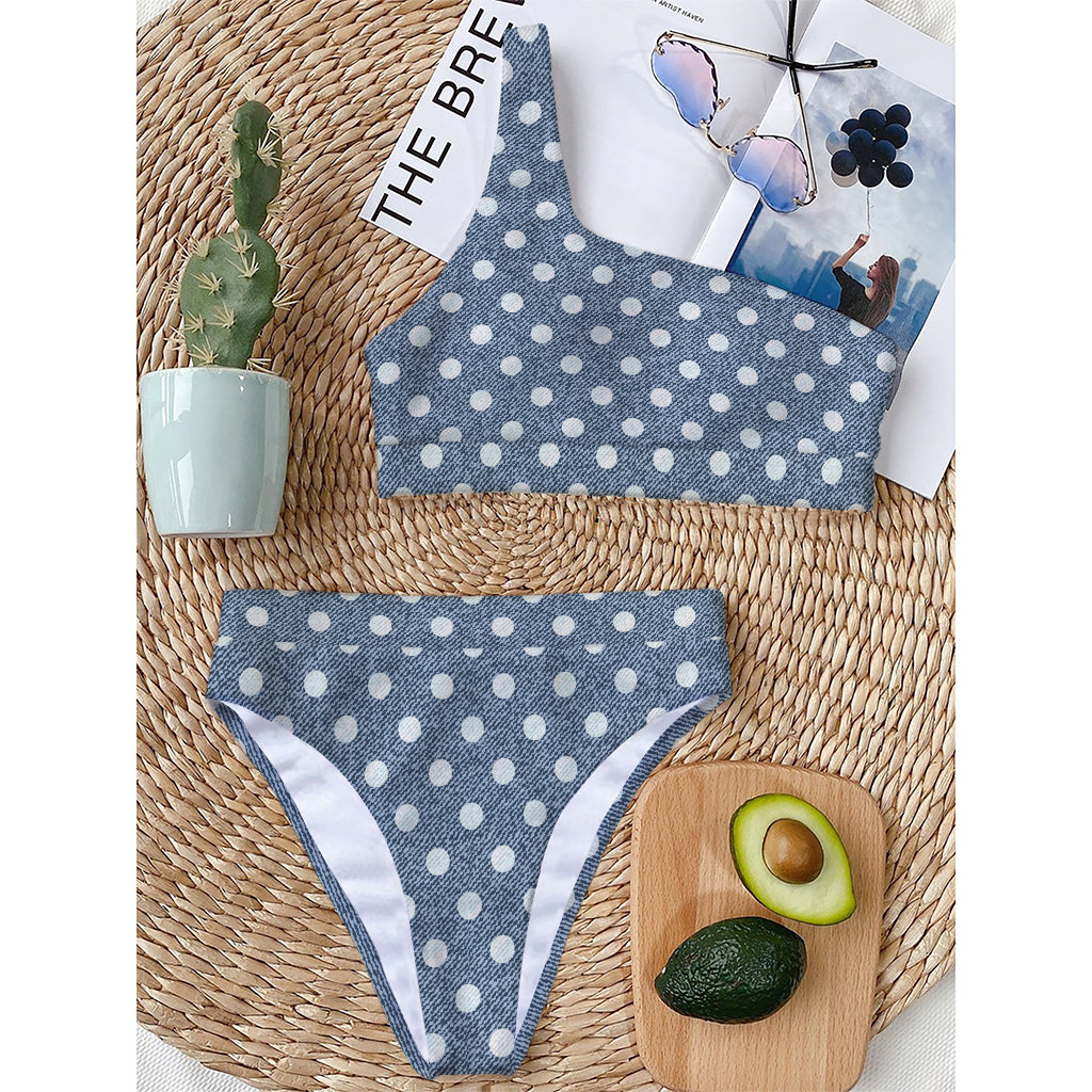 Polka Dot Denim Jeans Pattern Print One Shoulder Bikini Top