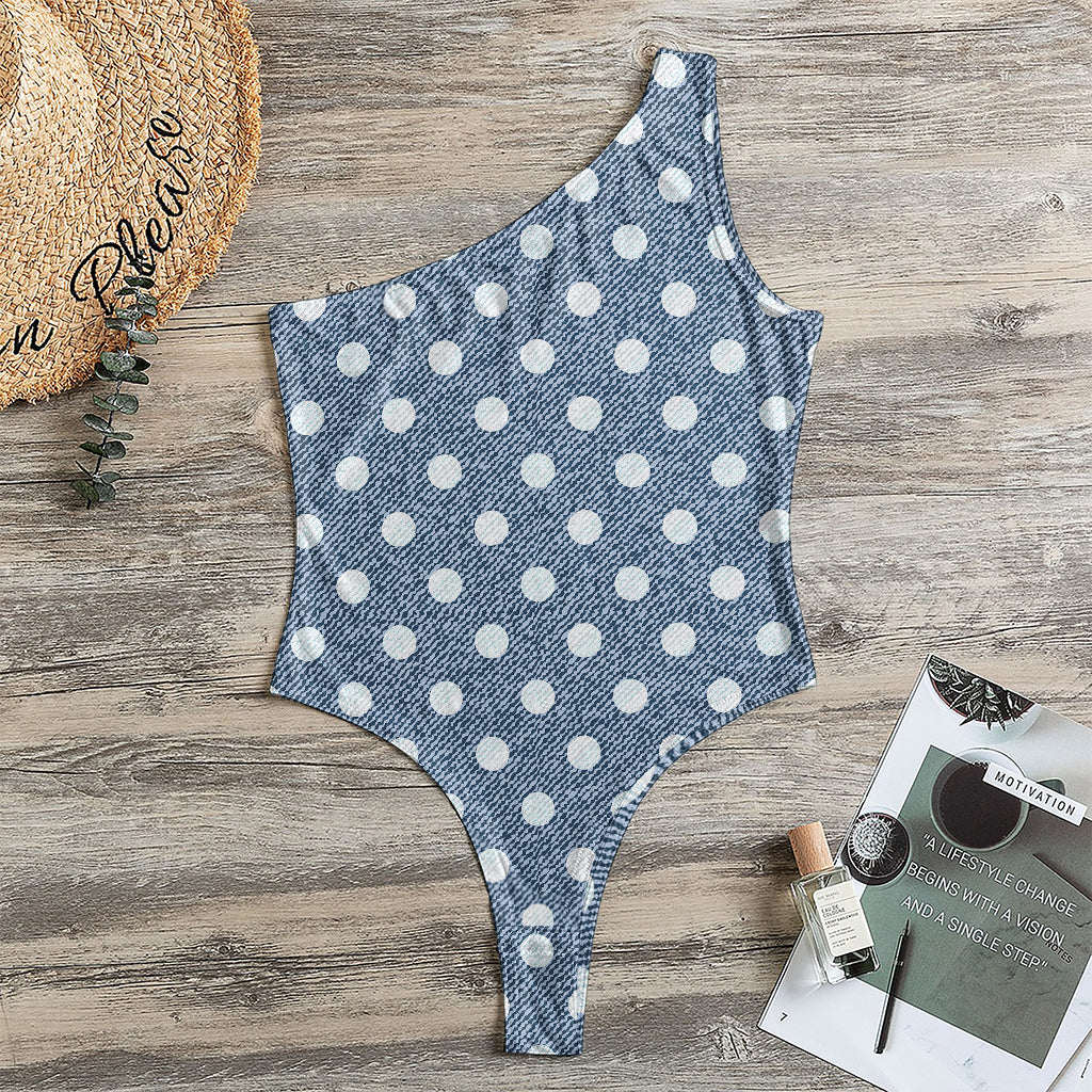 Polka Dot Denim Jeans Pattern Print One Shoulder Bodysuit
