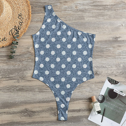 Polka Dot Denim Jeans Pattern Print One Shoulder Bodysuit