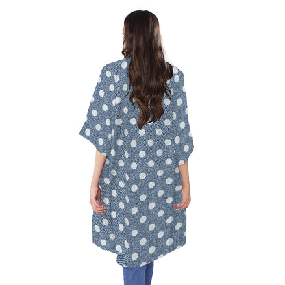 Polka Dot Denim Jeans Pattern Print Open Front Beach Cover Up