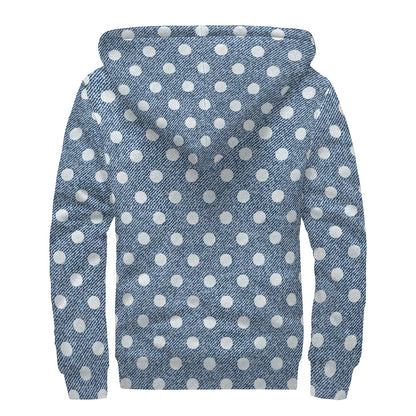 Polka Dot Denim Jeans Pattern Print Sherpa Lined Zip Up Hoodie
