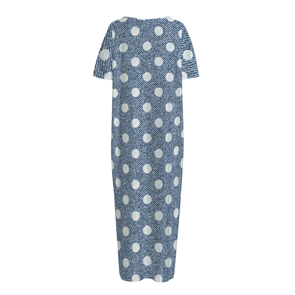Polka Dot Denim Jeans Pattern Print Short Sleeve Long Nightdress