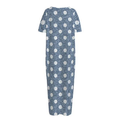 Polka Dot Denim Jeans Pattern Print Short Sleeve Long Nightdress