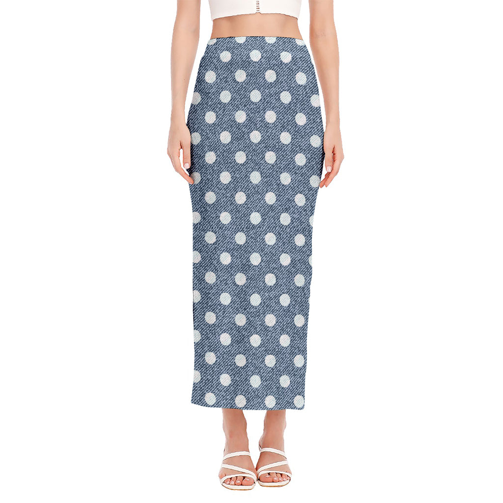 Polka Dot Denim Jeans Pattern Print Side Slit Maxi Skirt
