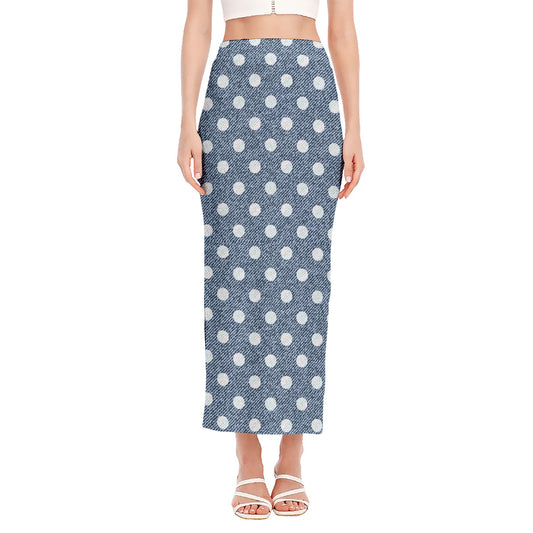 Polka Dot Denim Jeans Pattern Print Side Slit Maxi Skirt
