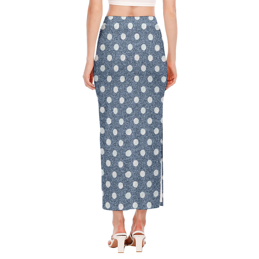 Polka Dot Denim Jeans Pattern Print Side Slit Maxi Skirt