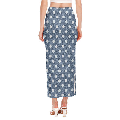 Polka Dot Denim Jeans Pattern Print Side Slit Maxi Skirt