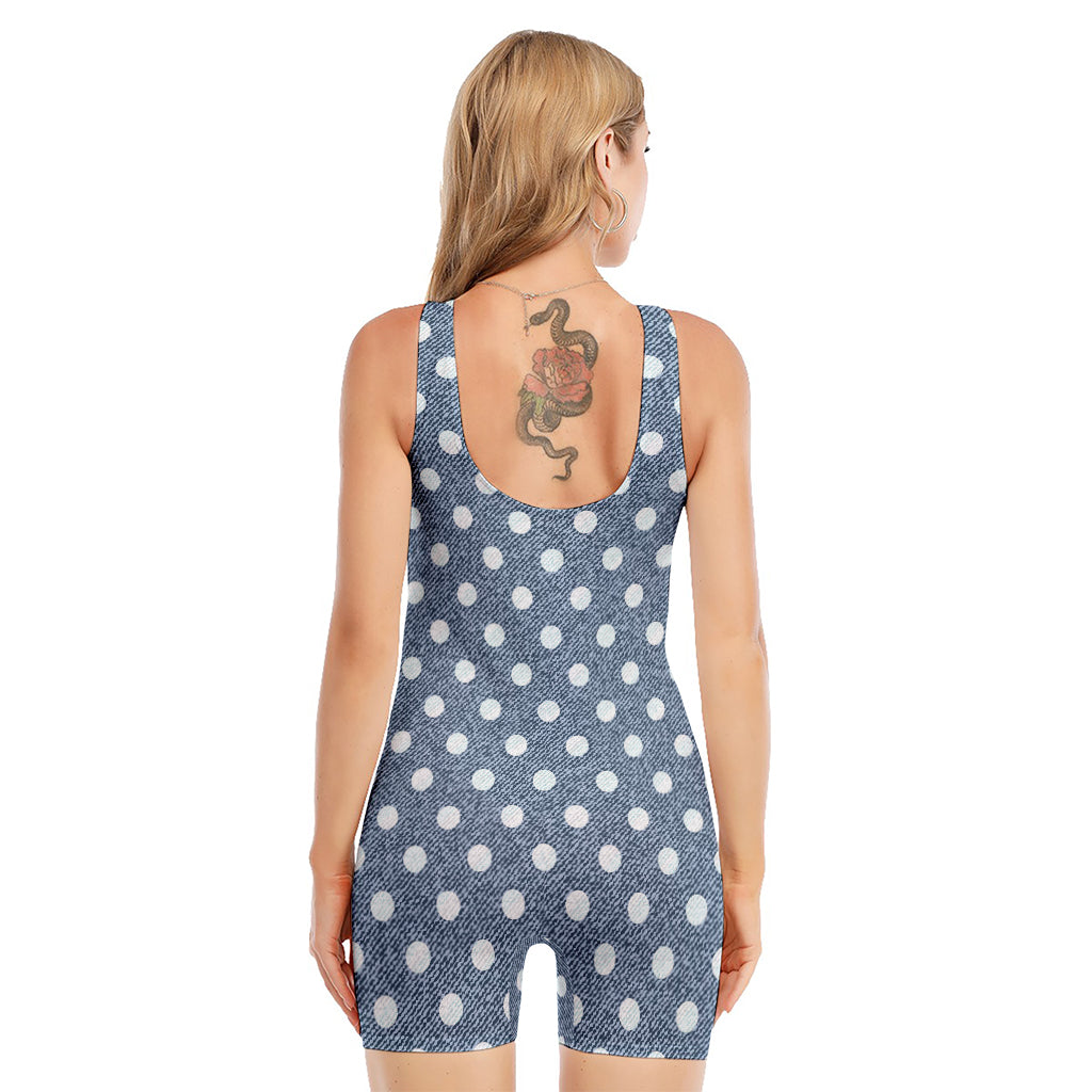 Polka Dot Denim Jeans Pattern Print Sleeveless One Piece Swimsuit
