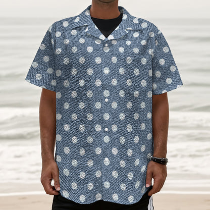 Polka Dot Denim Jeans Pattern Print Textured Short Sleeve Shirt