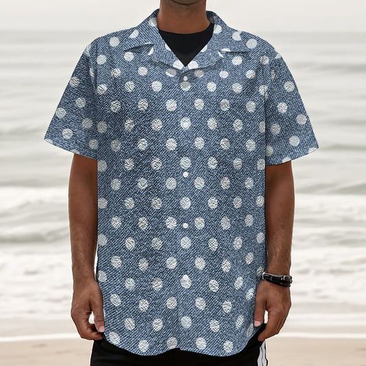 Polka Dot Denim Jeans Pattern Print Textured Short Sleeve Shirt