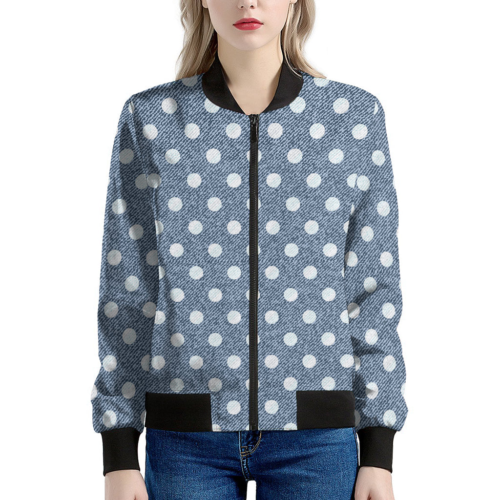 Polka Dot Denim Jeans Pattern Print Women's Bomber Jacket