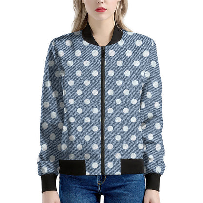 Polka Dot Denim Jeans Pattern Print Women's Bomber Jacket