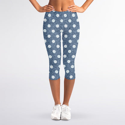 Polka Dot Denim Jeans Pattern Print Women's Capri Leggings