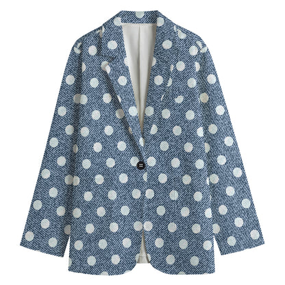 Polka Dot Denim Jeans Pattern Print Women's Cotton Blazer