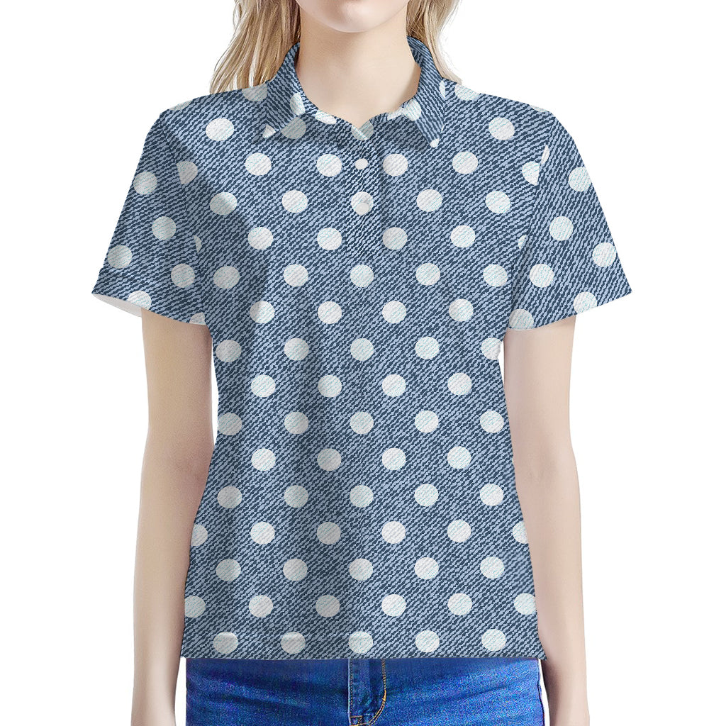 Polka Dot Denim Jeans Pattern Print Women's Polo Shirt
