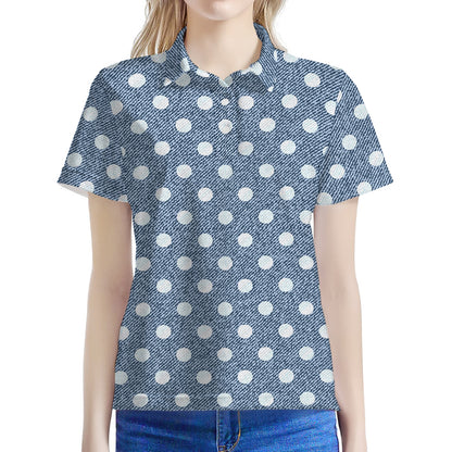 Polka Dot Denim Jeans Pattern Print Women's Polo Shirt