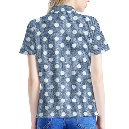 Polka Dot Denim Jeans Pattern Print Women's Polo Shirt
