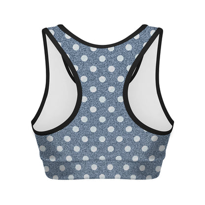 Polka Dot Denim Jeans Pattern Print Women's Sports Bra