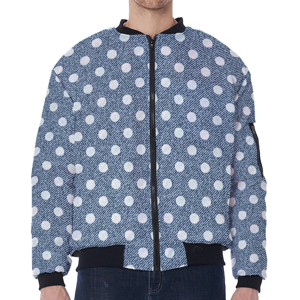 Polka Dot Denim Jeans Pattern Print Zip Sleeve Bomber Jacket