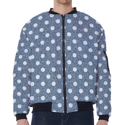Polka Dot Denim Jeans Pattern Print Zip Sleeve Bomber Jacket